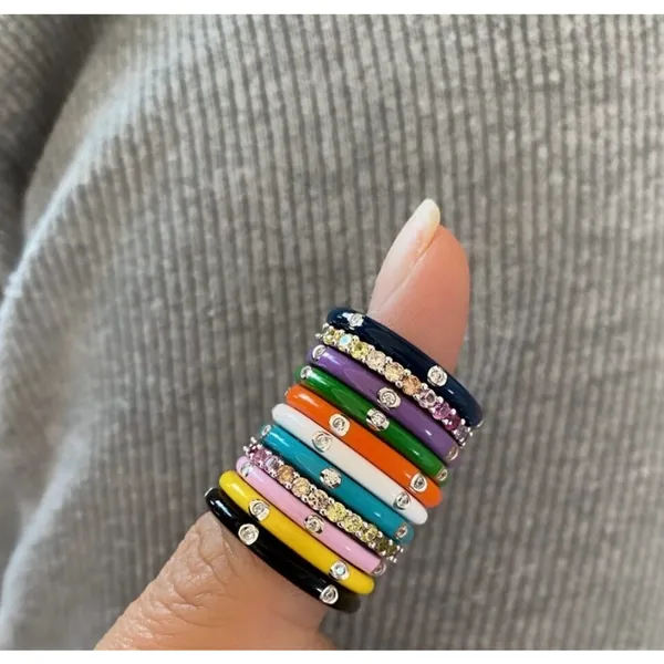 Boutique NEW Pave‎ Black & White Stackable Ring | 925 Sterling Silver Enamel - Image 5