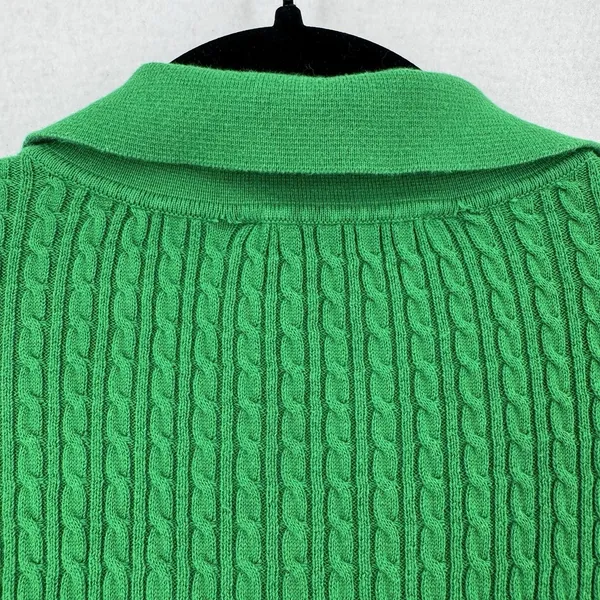 Tommy Hilfiger Women L Green Cable Knit Polo Sweater V Neck Preppy Quiet Luxury - Image 4