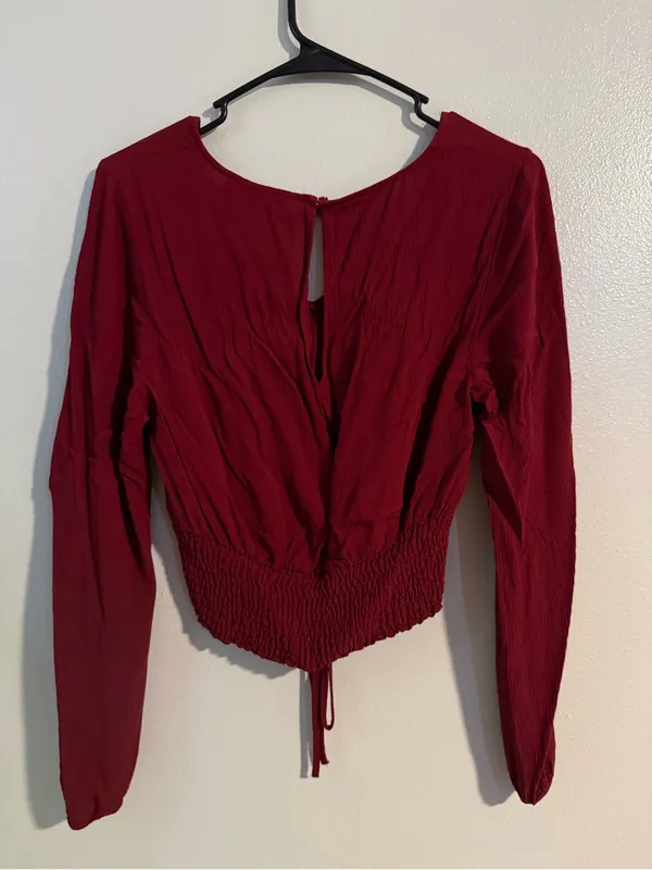 Hollister Burgundy Long-Sleeve Smocked Waist V-Neck Top - Image 2