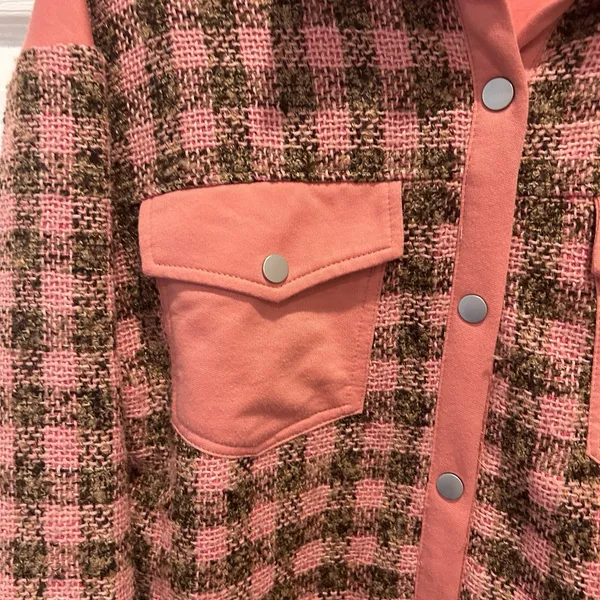 Polagram Pink Plaid Mixed Media Snap Front Shacket Jacket PSJ1287 Womens Large - Image 2