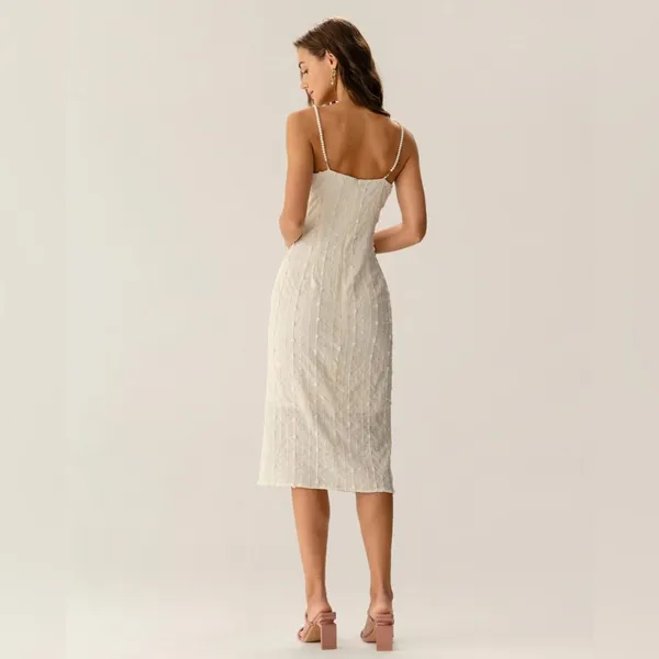 Rihoas Beige Textured Beaded Slip Midi Dress - Image 4