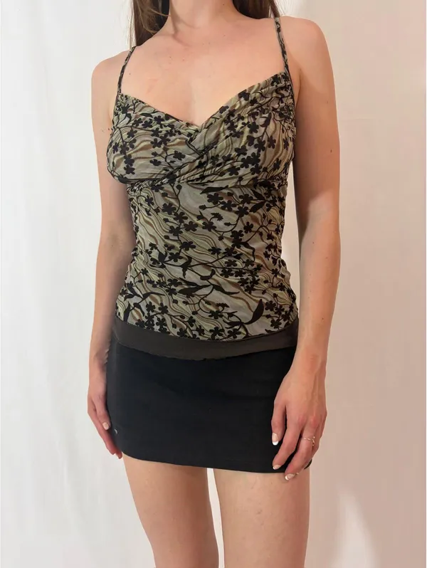 Earthy Graphic Mesh Overlay Cami Y2K Top Green - Image 4