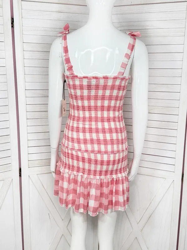 Sincerely Jules Gingham‎ Check Smocked Ruffle Mini Dress Red White Medium Preppy - Image 5