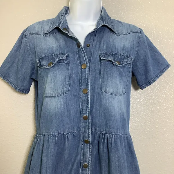Oasis Blue Denim Retro Button Up Western Cowgirl Country Casual Dress Sz‎ 8 - Image 2