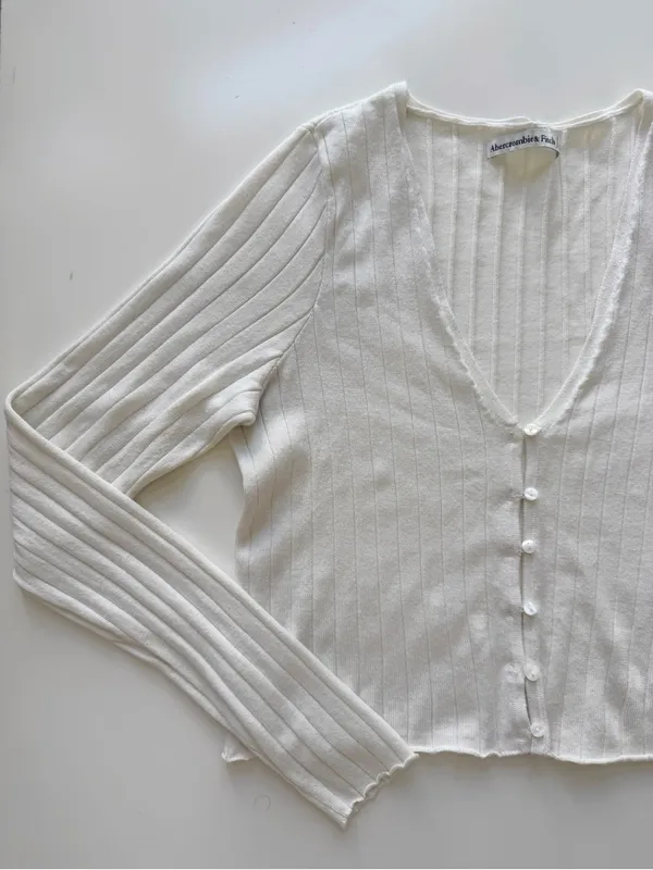Abercrombie & Fitch Cream Ribbed Cardigan and Cropped Camisole Set Size Medium - Image 2