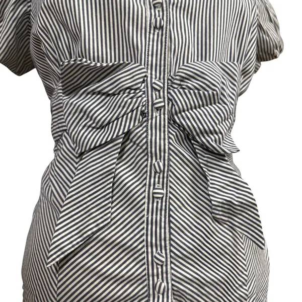 Poplin M Striped‎ Bow Waist Puff Sleeve Buttoned Blouse Frenchgirl Coquette - Image 3