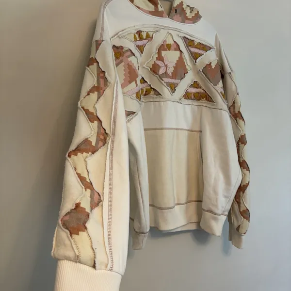 Free People Nordic "It's a Vibe"‎ Hoodie XS cream Aztec Embroidered Oversized - Image 3