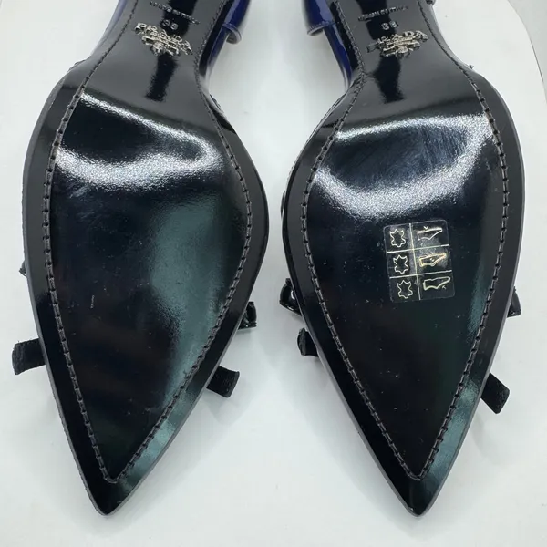 Prada Vintage 2000s Navy Patent Leather Bow D’Orsay Heels Italy 38 New with Box - Image 11