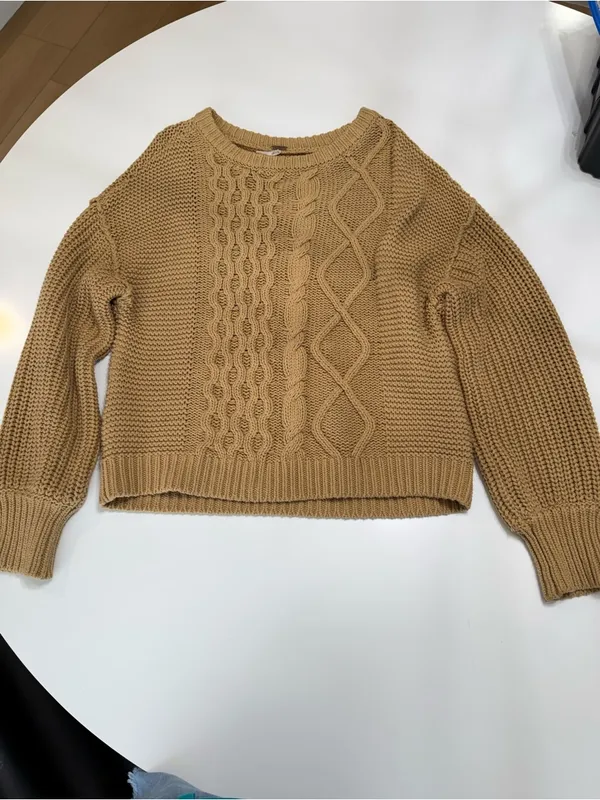 Free People Cable-Knit Scoop Sweater in Camel Brown Size Small - Image 2