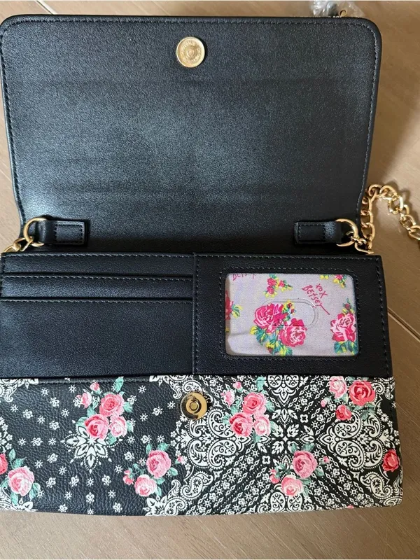 NWOT Betsey Johnson Floral Paisley Bow Crossbody Wallet Bag Black Gold Chain - Image 4