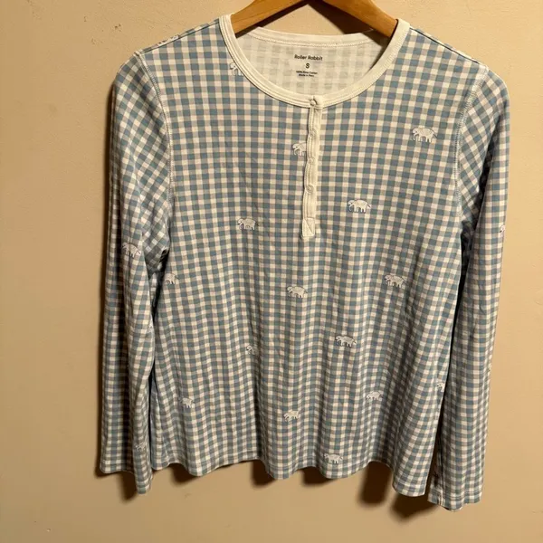 Roller Rabbit Hathi Gingham Pajama Blue Elephant PJ Top- Size Small - Image 3