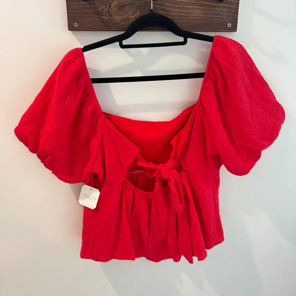 Altar'd‎ State Red Cotton Gauze Puff Sleeve Peplum Tie Back Top XXL NWT - Image 2