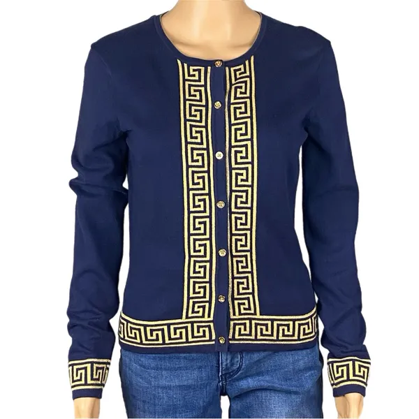 LILLY PULITZER Navy & Gold Greek Key Keane Cardigan Sweater Buttons Small - Image 2