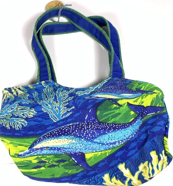Guy Harvey Dolphin Sequin Tote Bag Blue Green Beach Resort Ocean Coral 14x10 - Image 2