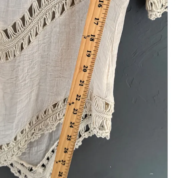 Boho Crochet Macrame Handkerchief Hem Tunic Top Cream‎ V-Neck Festival Gauze L - Image 6