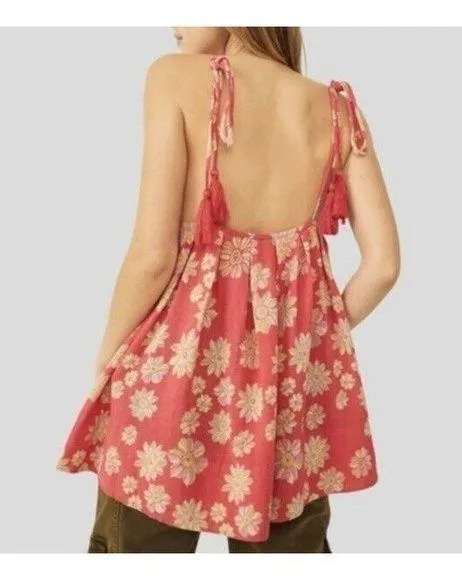 Free People Indigo Molly Floral Pink Printed Sleeveless Tunic Babydoll Top Sz M - Image 3