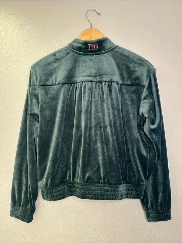 NWT UGG Devaney Bomber Jacket Dark Green Velour Velvet Full Zip Hot Pink - Image 3