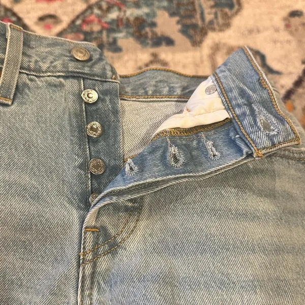 Levi’s Blue Distressed Button Fly Jean Shorts with Frayed Hem 25 - Image 4
