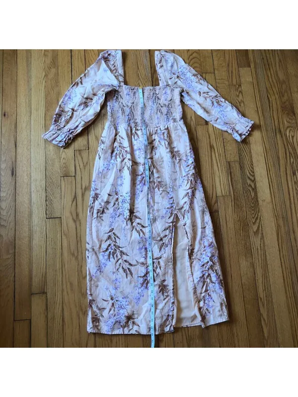 House of Harlow EUC Women's 1960 Linen Smocked Pink Palm Midi Dress Size S - Image 4