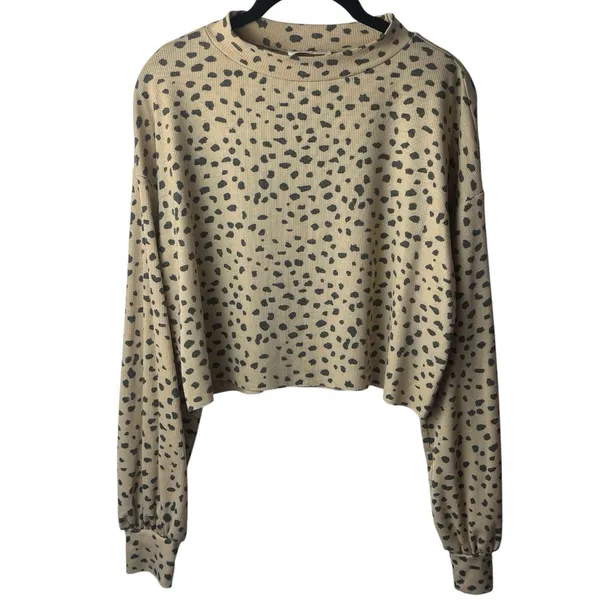 Beach Riot Ava Cropped Sweatshirt Taupe Spot Ribbed Long Sleeve Coastal Chic M - Image 2
