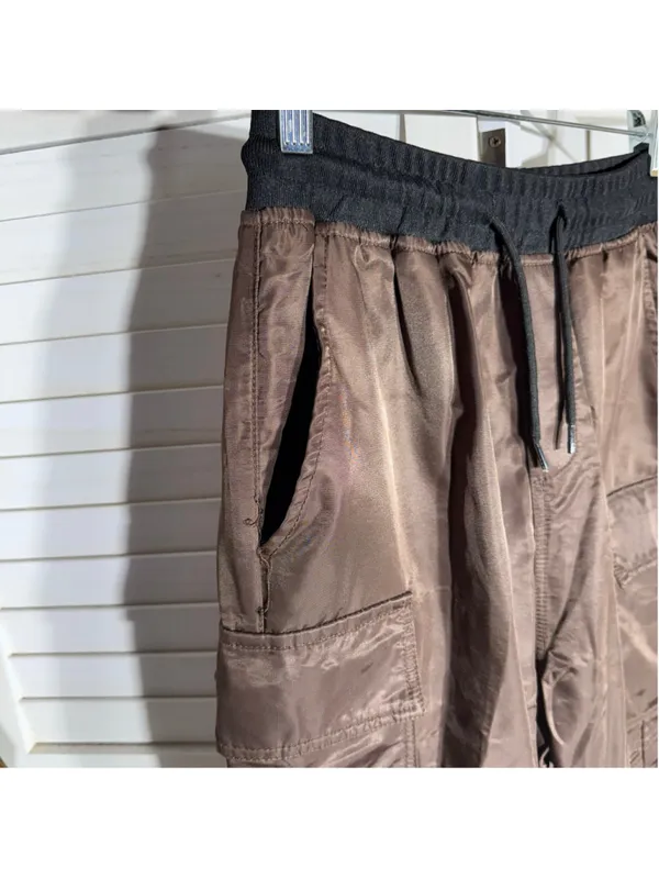 Vintage Y2K brown cargo pants satin look waterproof snap punk whimsigoth alt S - Image 3