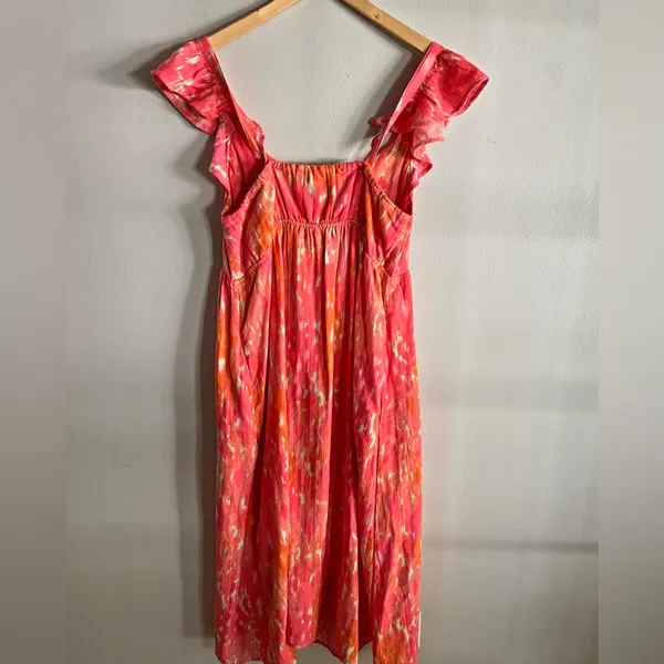 Time and Tru Flutter Sleeve Midi Dress Pink Orange Tie Dye Size M Pockets - Image 9