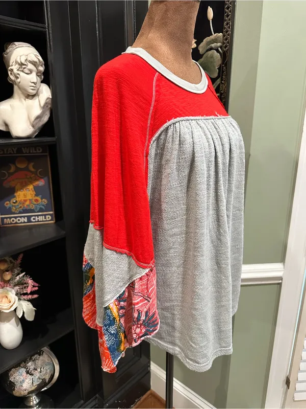 Free People We The Free “Friday Fever” Thermal Top in Red + Grey with Patterned - Image 10
