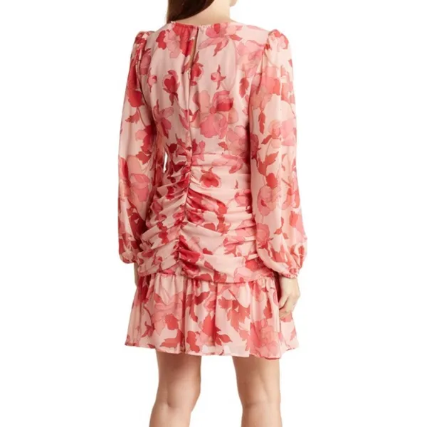 New Floral Print Twist Keyhole Front Long Sleeve Dress Pink Size XL - Image 2