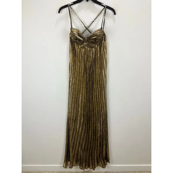 Lulus Brilliant Allure Gold Metallic Lurex Pleated Maxi Dress Formal Glam XS NWT - Image 5