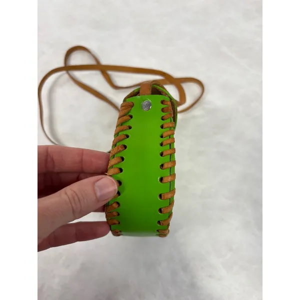 Vintage Mexican Tooled Leather Crossbody Bag Lime Green Whipstitch Boho Mini - Image 3