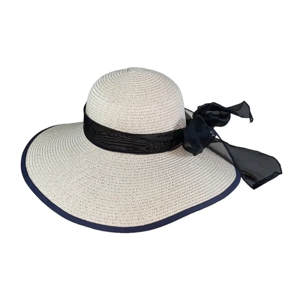 Wide‎ Brim Paper Straw Sun Hat Beige Black Organza Ribbon Bow Adjustable - Image 2