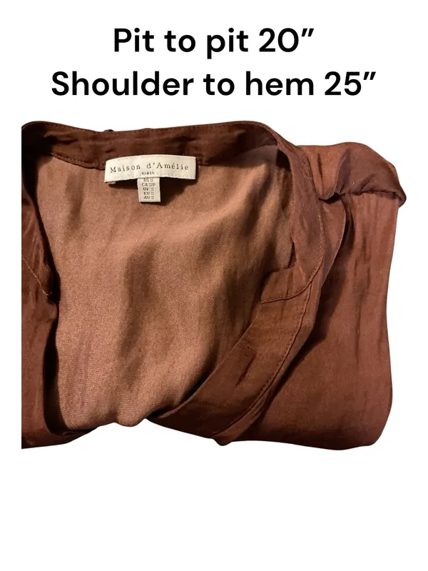 Maison d'Amélie Paris Chocolate Brown Satin Short Sleeve Pleated Blouse S - Image 3