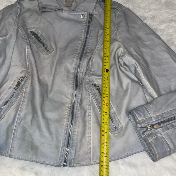 Chico’s light blue silver zipper faux leather motorcycle jacket coat womans M - Image 8
