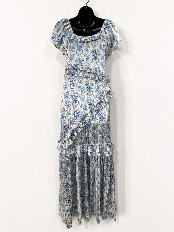 LoveShackFancy Kenya Ruffled White and Blue Floral Maxi Dress Size 2 - Image 7