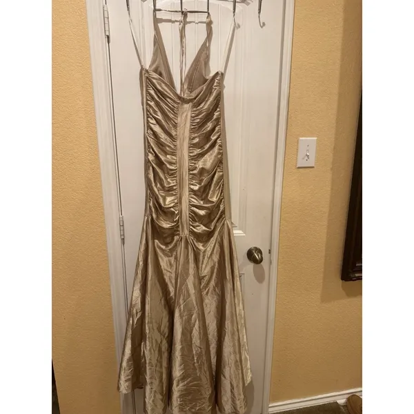 Jessica McClintock Gold Halter Evening Gown Dress Size 8 Ruched Wedding - Image 8
