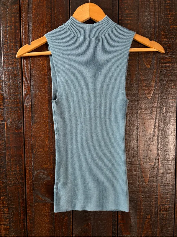 GUESS Ribbed Sleeveless V-cutout Sweater Top in Dusty Teal - Image 6