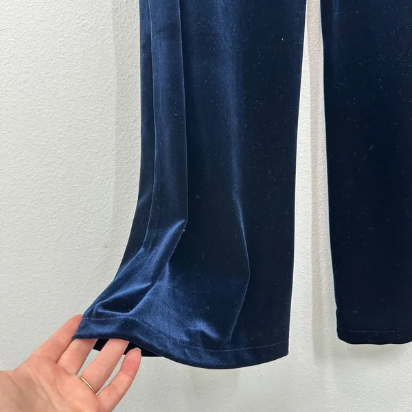 MNG Mango Navy Blue Velvet Pants Women's Straight Leg Pull On‎ Contemporary Chic - Image 7