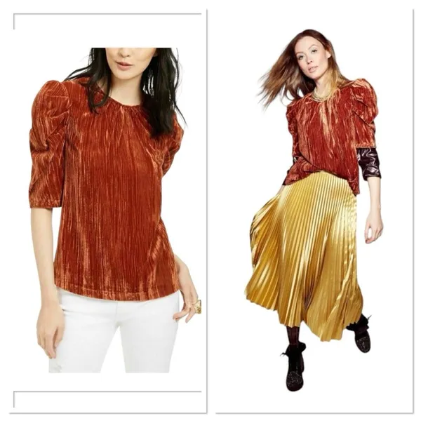 NWT $69 LEYDEN‎ Womens S Orange Rust Crushed Velvet Pouf Short Sleeve Top Blouse - Image 2