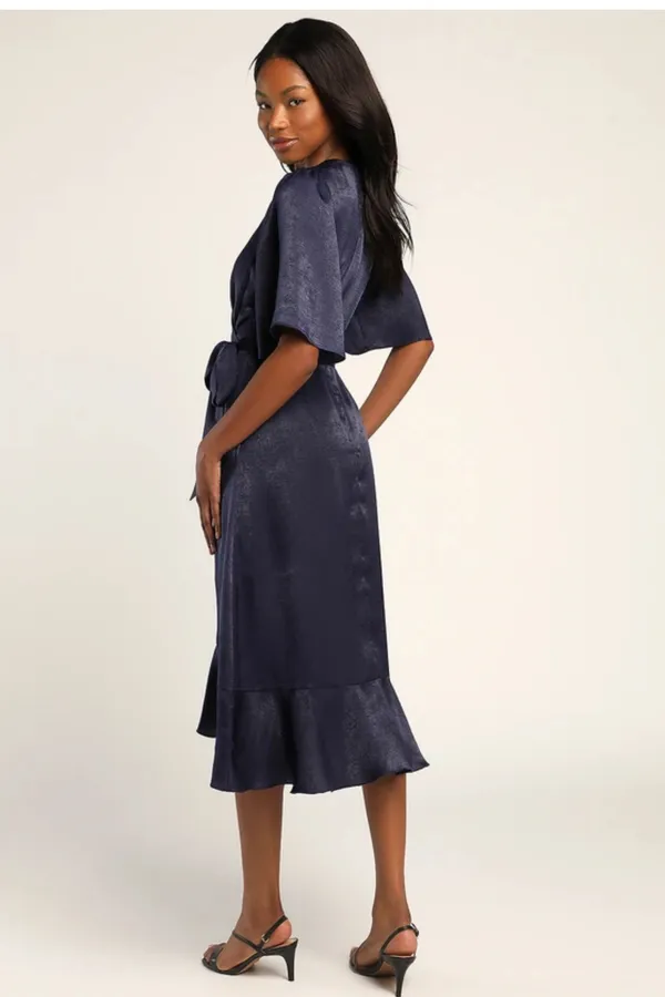 Lulus Wrapped Up In Love Navy Blue Satin Faux-Wrap Midi Dress - Image 4