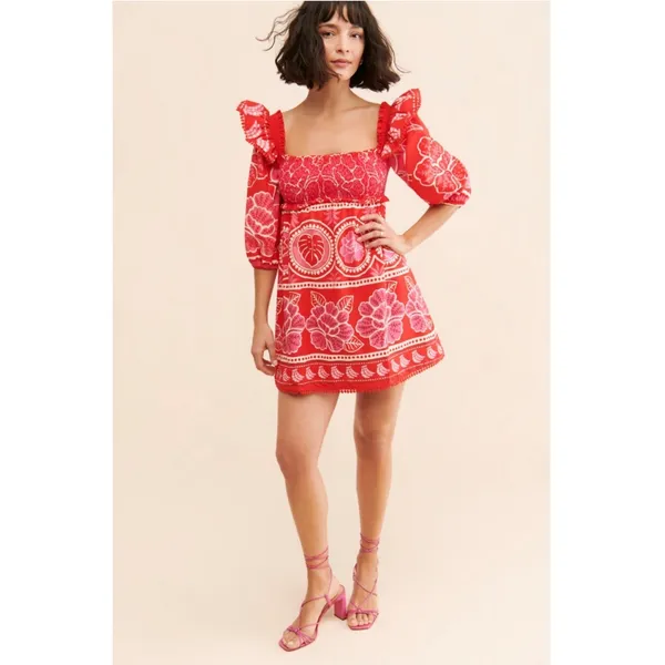 Farm Rio Summer Sunrise Mini Dress Small Red Smocked Puff Sleeve Tropical Summer - Image 4