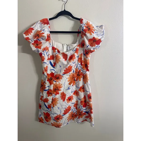 Lost + Wander Poppy Blooms Mini Dress Puff Sleeve White Orange Blue Women Large - Image 2