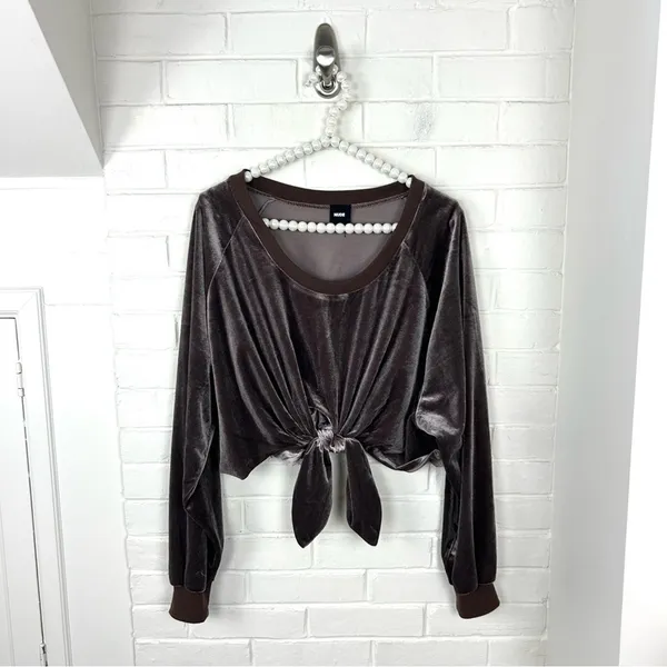 Nude Mocha Brown Velvet Tie Front Oversized Long Sleeve Crop Top Size S - Image 2