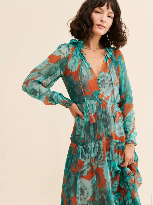 Anthropologie The Marais Printed Tiered Teal Floral Maxi Dress Boho Floral XS - Image 11