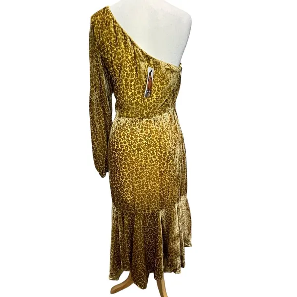 Molly Green Zion Burnout Velvet Dress L Gold Brown Floral One Shoulder Glam Boho - Image 3