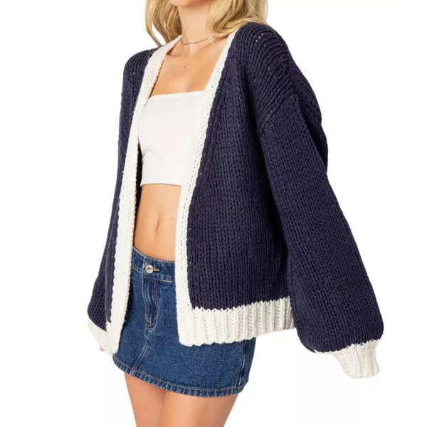 Edikted Contrast Chunky Knit Cardigan Womens XS/S Navy Ivory Oversized Cozy - Image 3