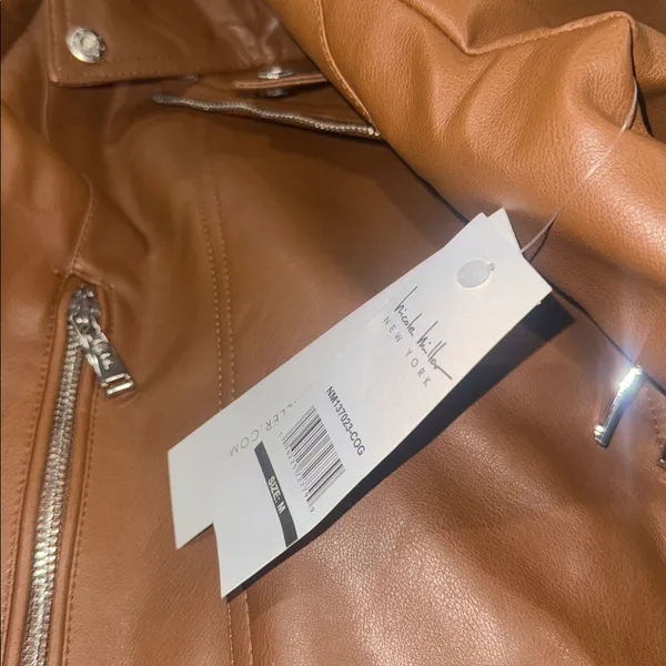 NWT Nicole Miller New York Faux Leather Motorcycle Jacket In Cognac Medium - Image 7