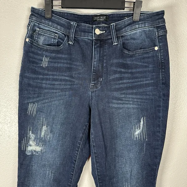 Judy Blue Jeans Womens 13/31‎ Boyfriend Fit High Rise Dark Wash Distressed Denim - Image 2