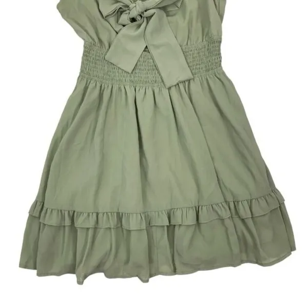 Women’s Ruffle Dress Large Green Short Sleeve‎ Front Tie - Image 3