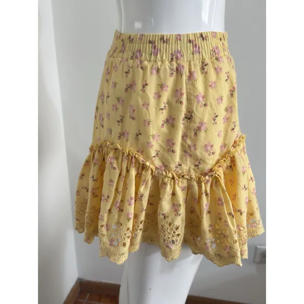 Aeropostale Womens Mini Skirt Size XS Yellow Floral Ruffle Tiered Eyelet Lace - Image 6