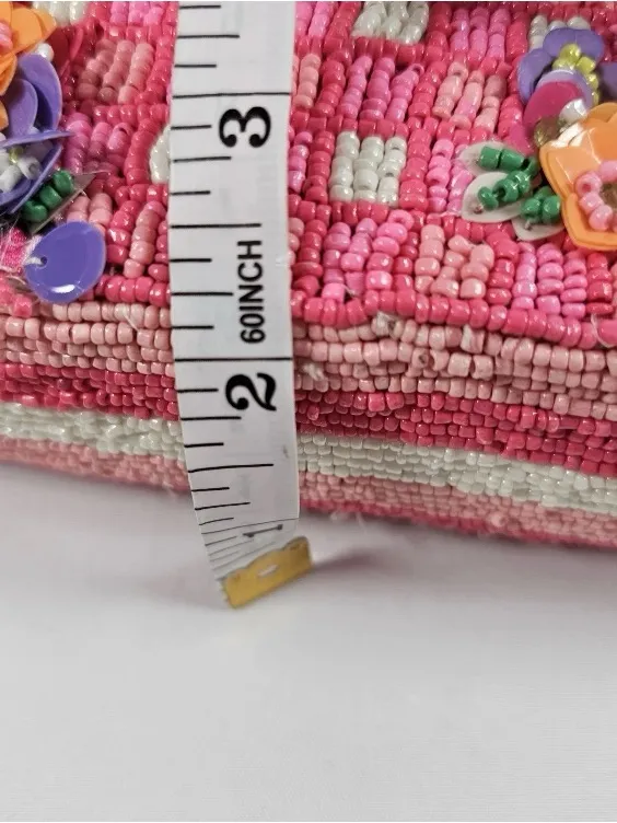 NWT India handcrafted Viral Beaded Pink Quilted Purple Flowers Checkered Bag - Image 8